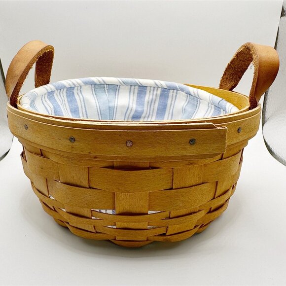 Longaberger Round Basket 1994 With Leather Handles Blue White Fabric Liner 6” - Picture 2 of 9
